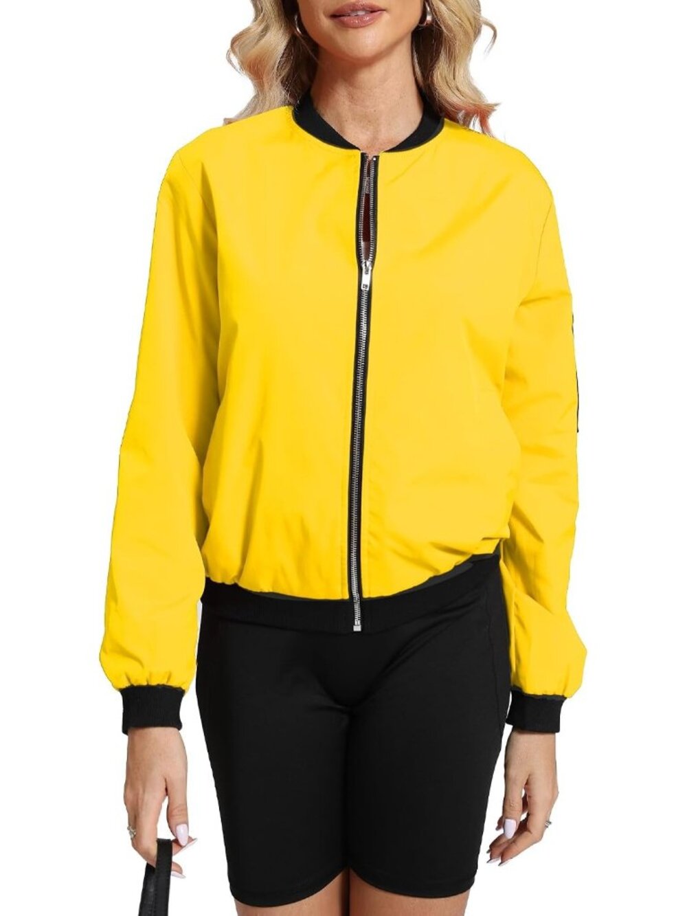Women Yellow 100% Polyester Zip-Up Shawl Collar Pocket Windbreaker Bomber Jacket